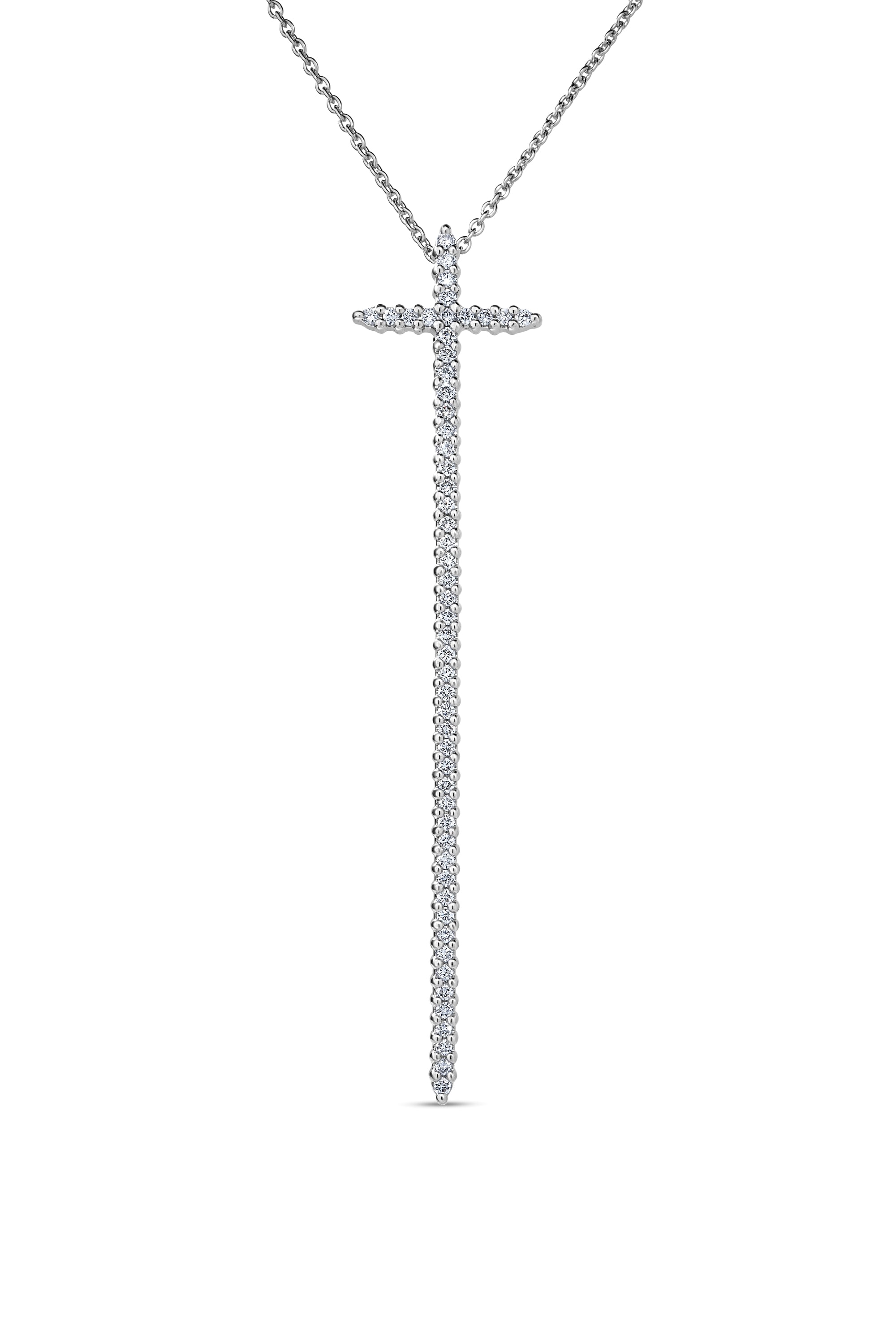18K WHITE GOLD TINY TREASURES LONG SLIM DIAMOND CROSS NECKLACE
