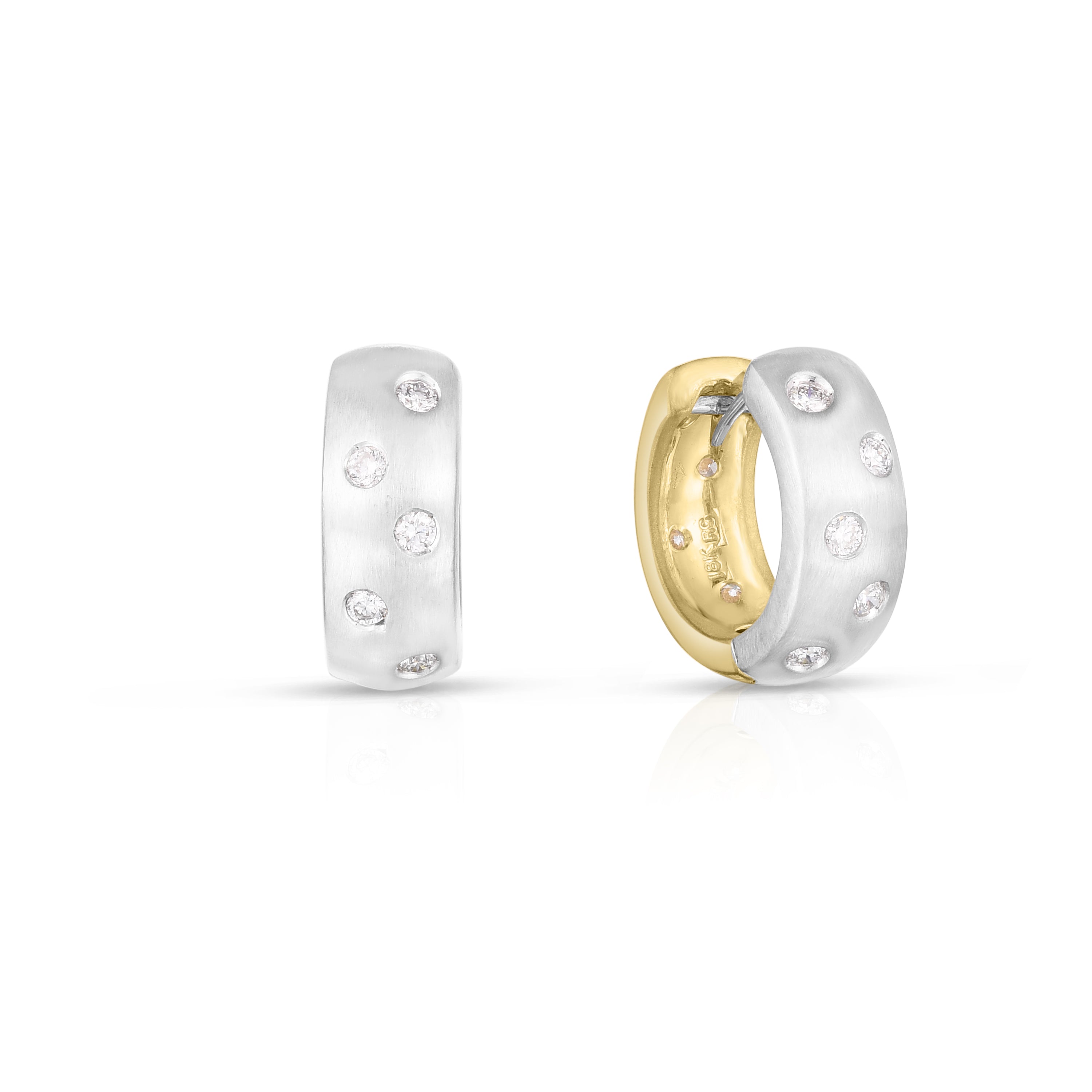18K YELLOW/WHITE DESIGNER GOLD REVERSIBLE DIAMOND & SATIN FINISH HOOP EARRINGS