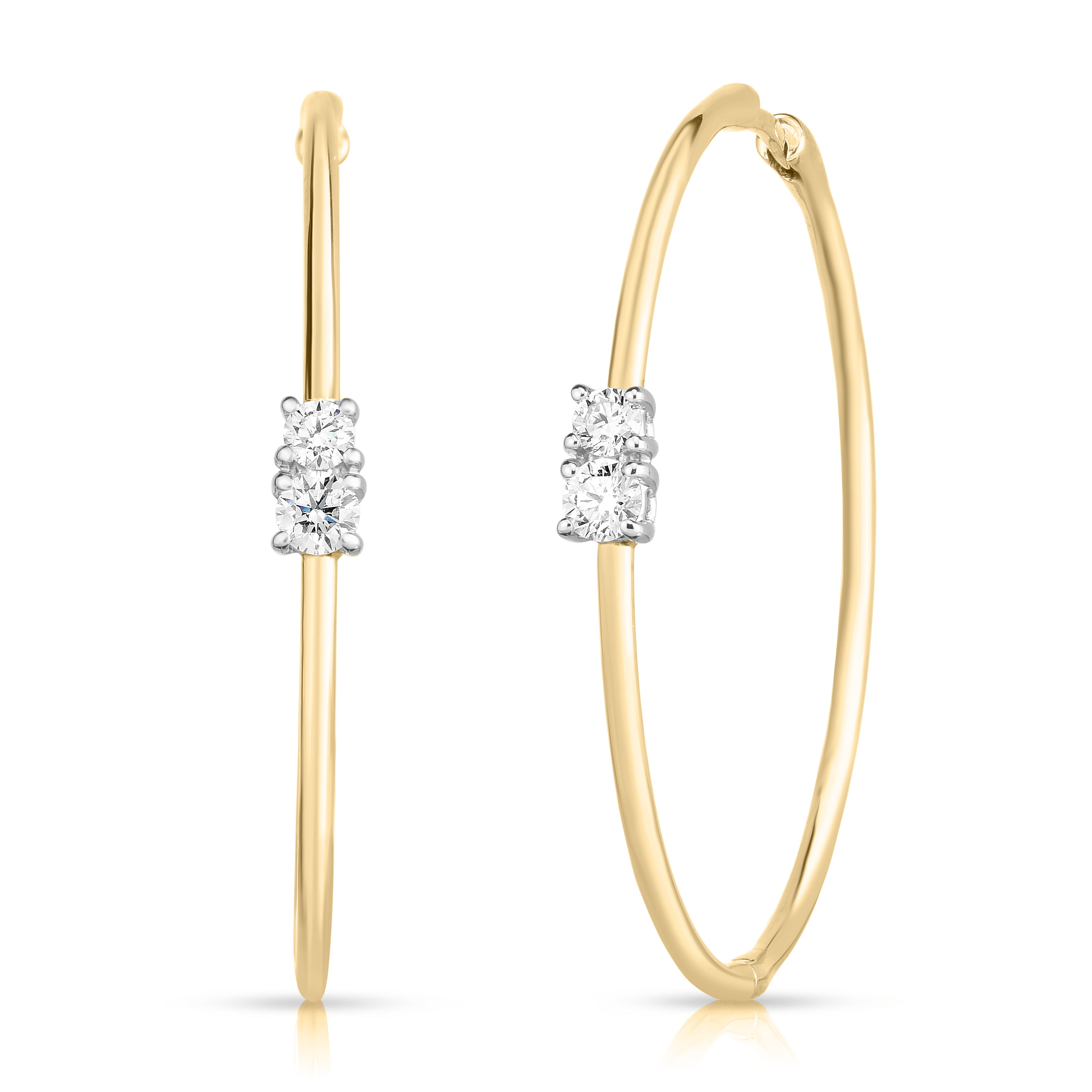18K YELLOW/WHITE GOLD CLASSIC DIAMOND FLOATING STONES LARGE HOOP EARRINGS
