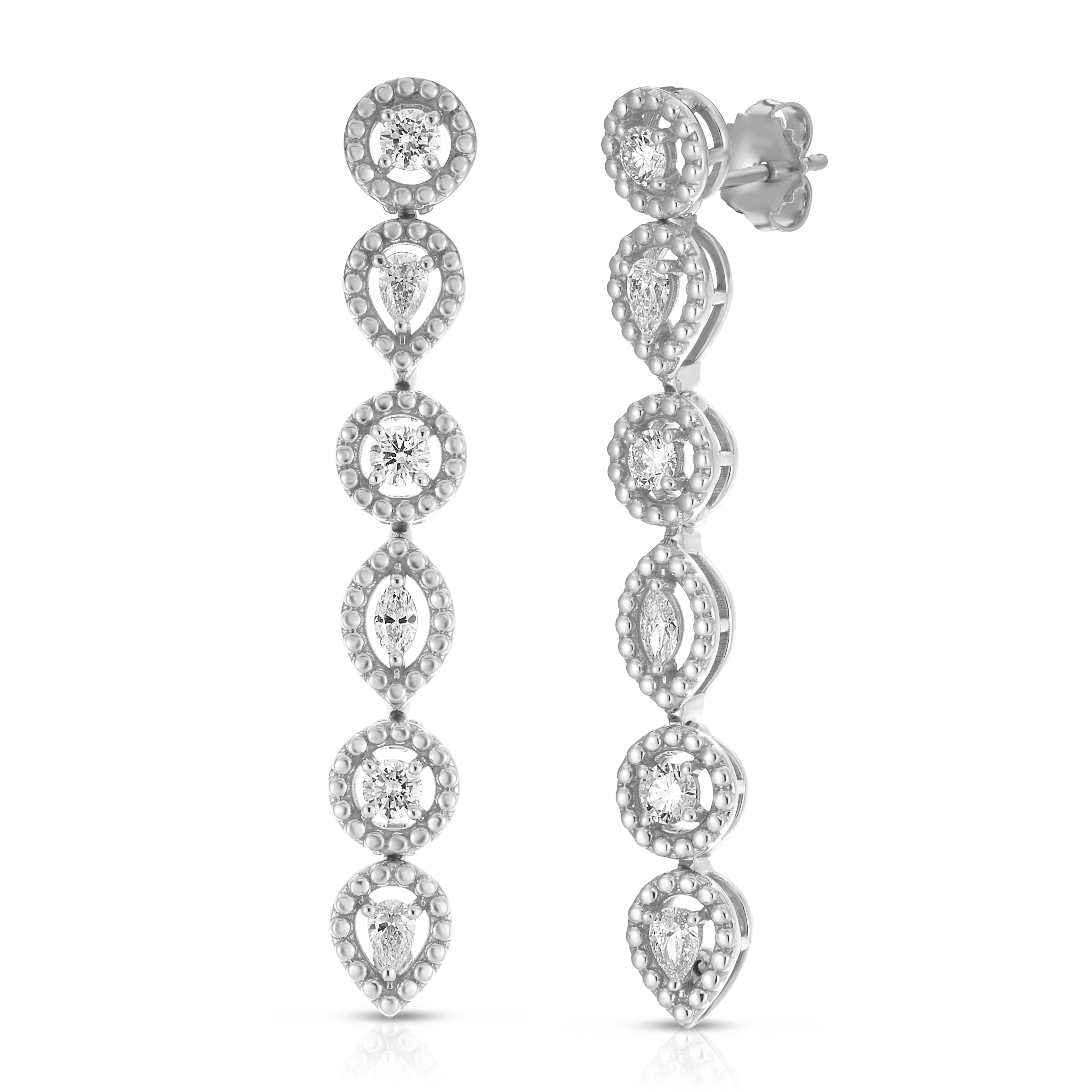 18K WHITE GOLD DOLCETTO ALTERNATING THREE STONE DIAMOND DANGLE EARRINGS