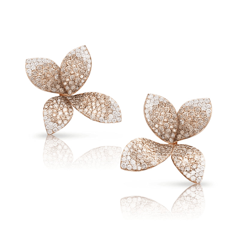Giardini Segreti Medium Flower Earrings in 18K Rose Gold with White and Champagne Diamonds.