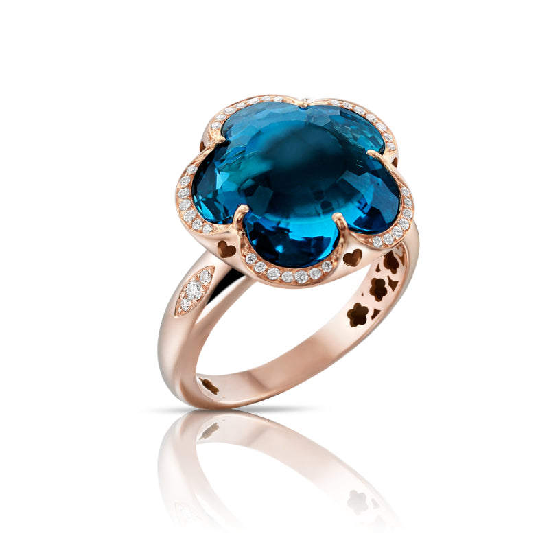Bon Ton Ring in 18K Rose Gold with London Blue Topaz and White Diamonds.