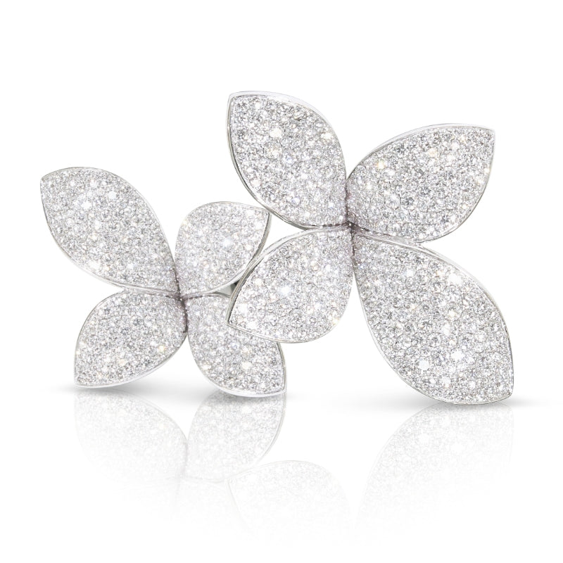 Giardini Segreti Double Flower Ring in 18K White Gold with White Diamonds.
