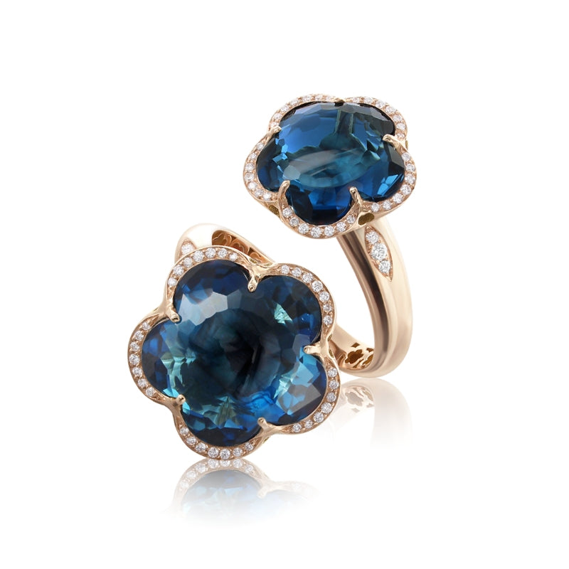 Bon Ton Contrarié Ring in 18K Rose Gold with London Blue Topaz and White Diamonds.