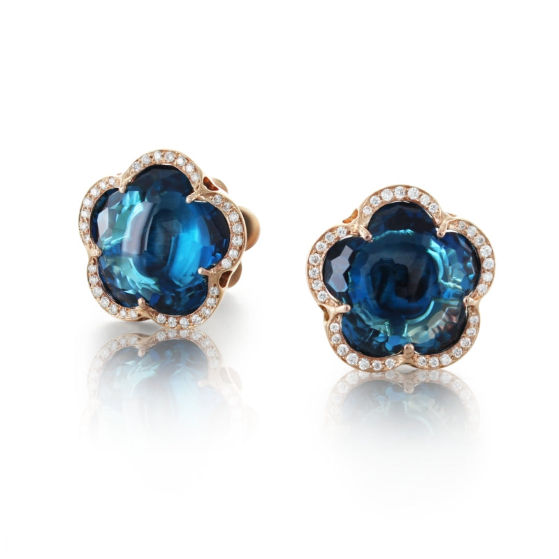 Bon Ton Stud Earrings in 18K Rose Gold with London Blue Topaz and White Diamonds.