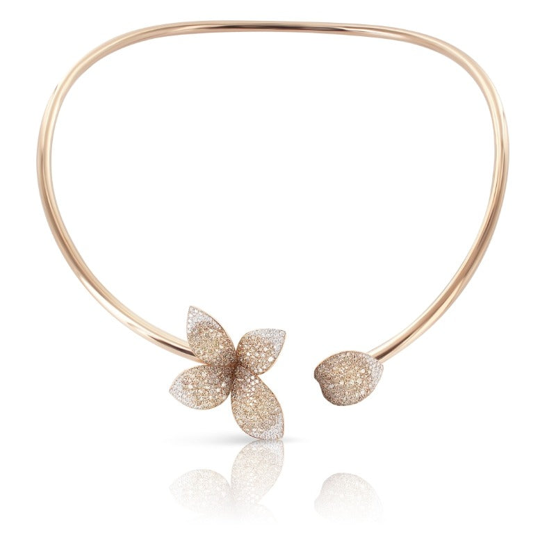Giardini Segreti Single Flower Collier in 18K Rose Gold with White and Champagne Diamonds.