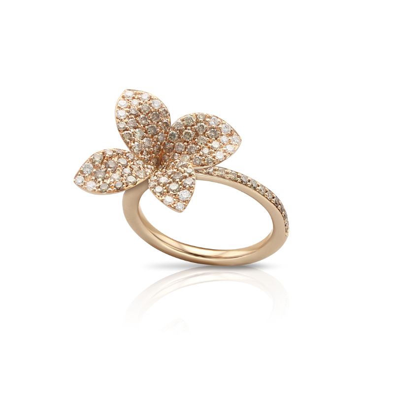 Petit Garden Ring in 18K Rose Gold with White and Champagne Diamonds, Medium Flower.
