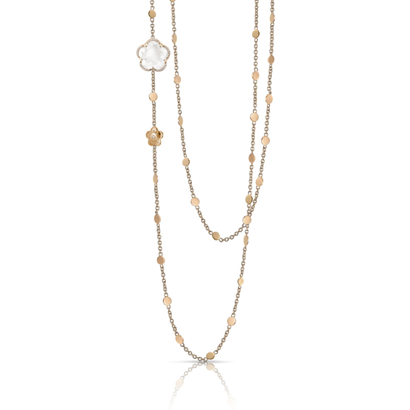 Bon Ton Sautoir in 18K Rose Gold with MIlky Quartz and White Diamonds.