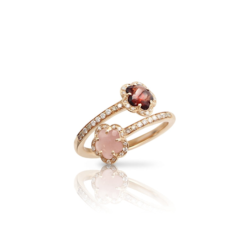 Figlia dei Fiori Two Flowers Contrarié Ring in 18K Rose Gold with Pink Chalcedony, Red Garnet, White and Champagne Diamonds.