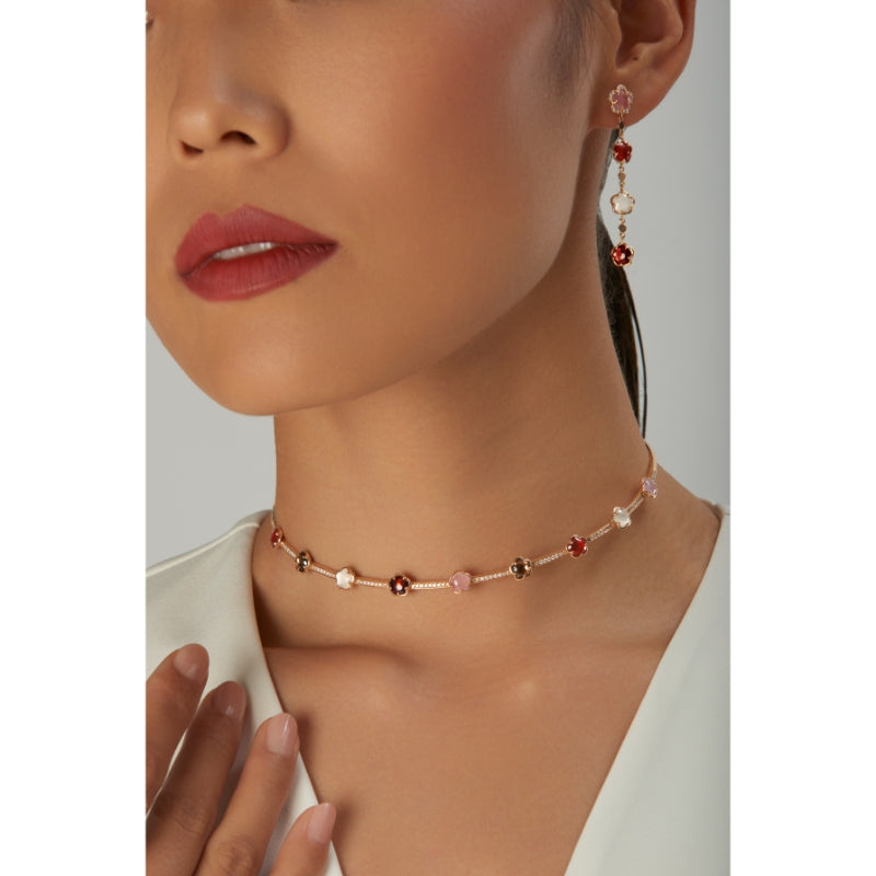 Figlia dei Fiori Pendant Earrings in 18K Rose Gold with White Moonstone, Pink Chalcedony, Carnelian, Red Garnet, White and Champagne Diamonds.
