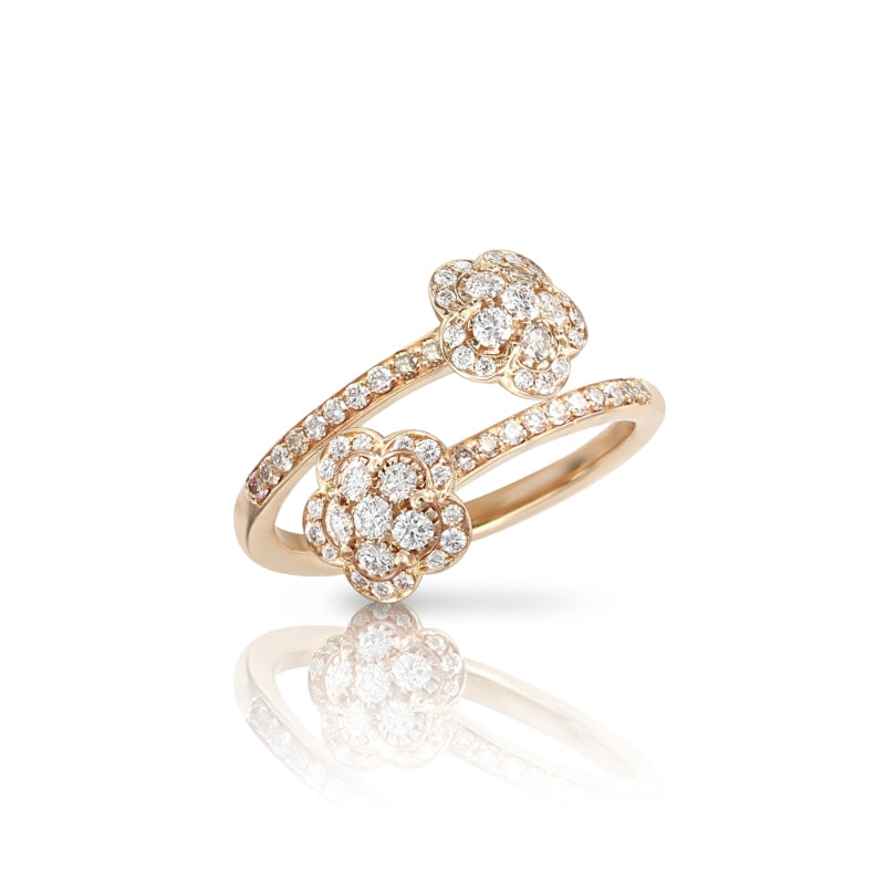 Figlia dei Fiori Two Flowers Contrarié Ring in 18K Rose Gold with White and Champagne Diamonds.