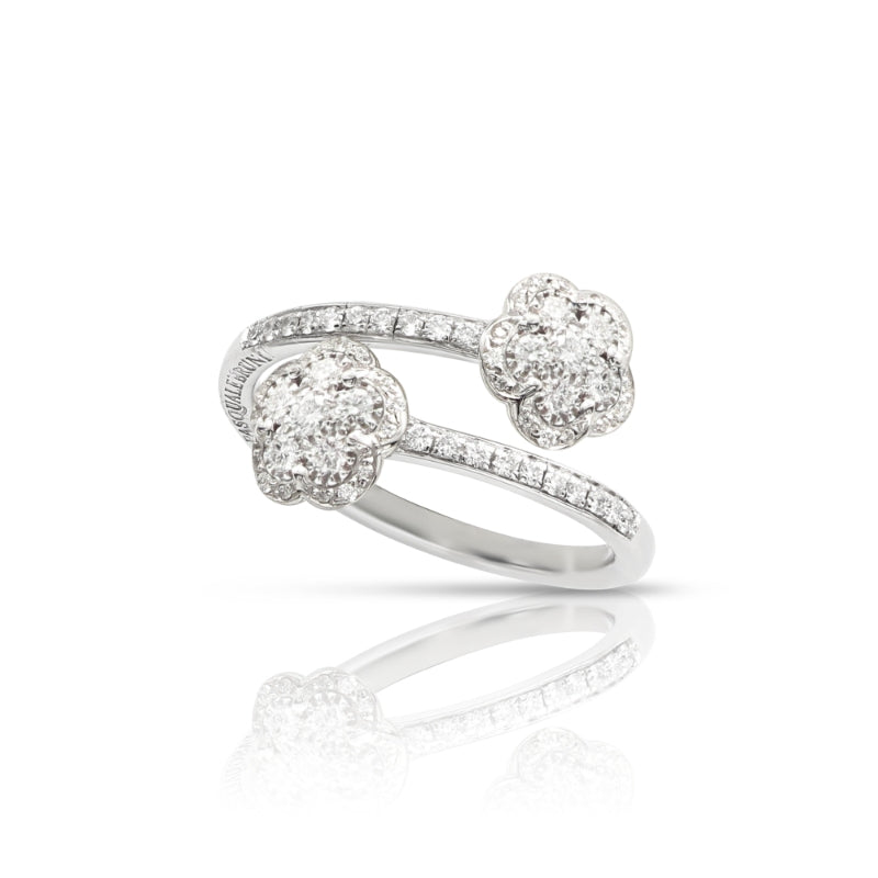 Figlia dei Fiori Two Flowers Contrarié Ring in 18K White Gold with White Diamonds.