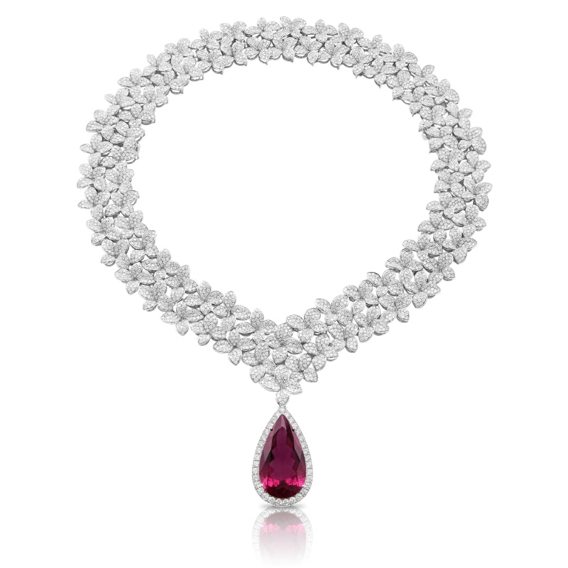 Goddess Garden Collier Combination in 18K White Gold with White Diamonds and Rubellite.