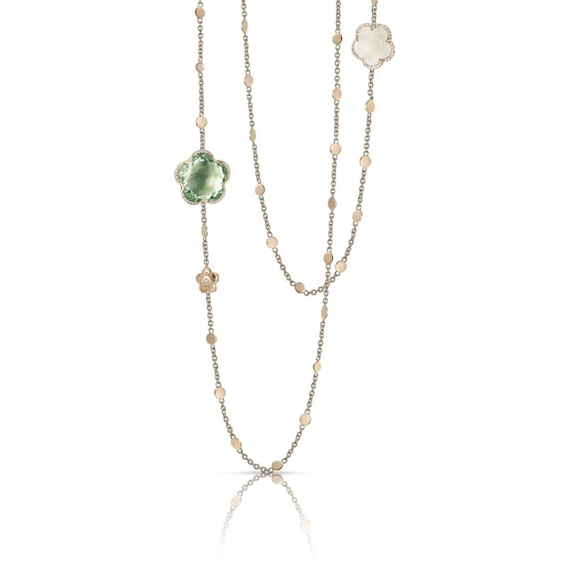 Bon Ton Dolce Vita Multi Chain Sautoir in 18K Rose Gold with Prasiolite, Milky Quartz and White Diamonds.