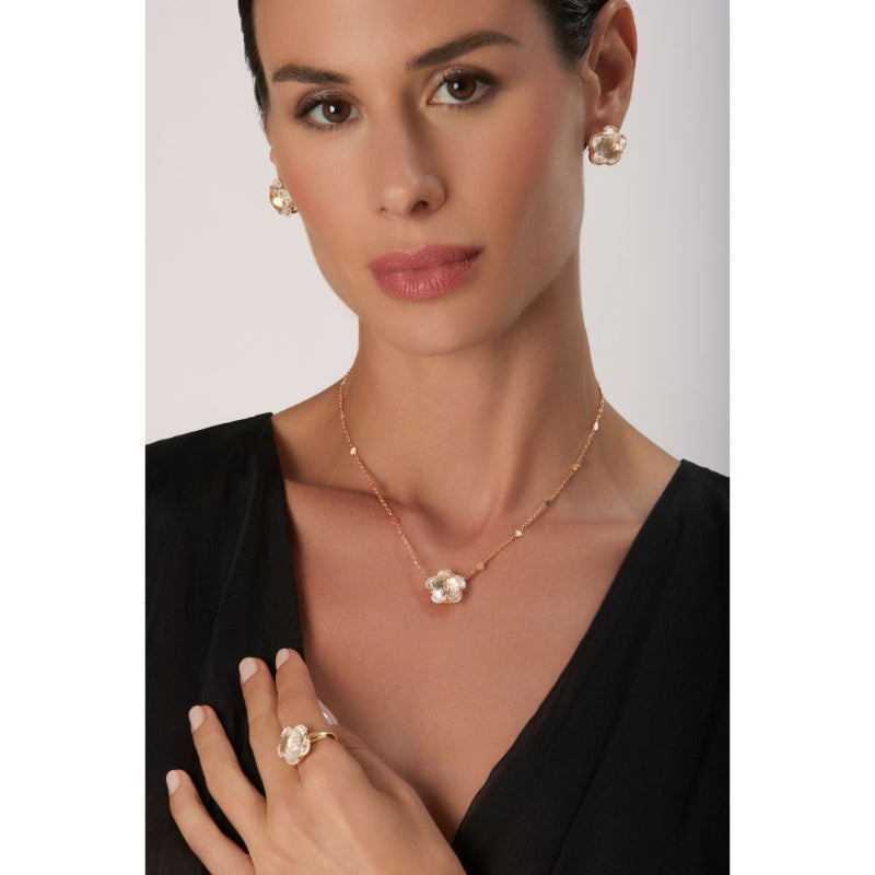 Bon Ton Necklace in 18K Rose Gold with Rock Crystal, White and Champagne Diamonds.