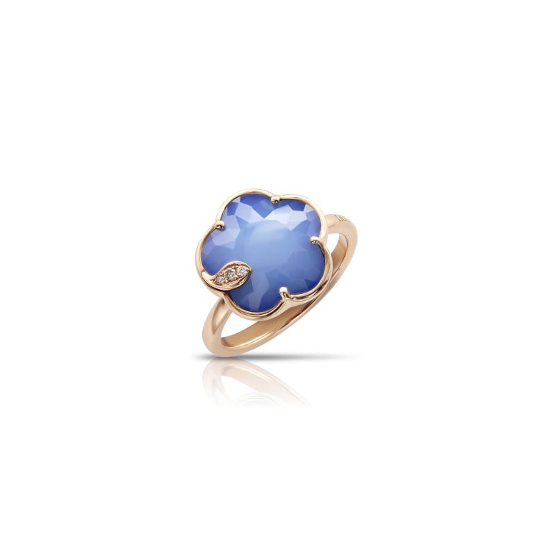 Petit Joli Ring in 18K Rose Gold with Blue Moon (White Agate and Lapis Lazuli doublet), White and Champagne Diamonds.