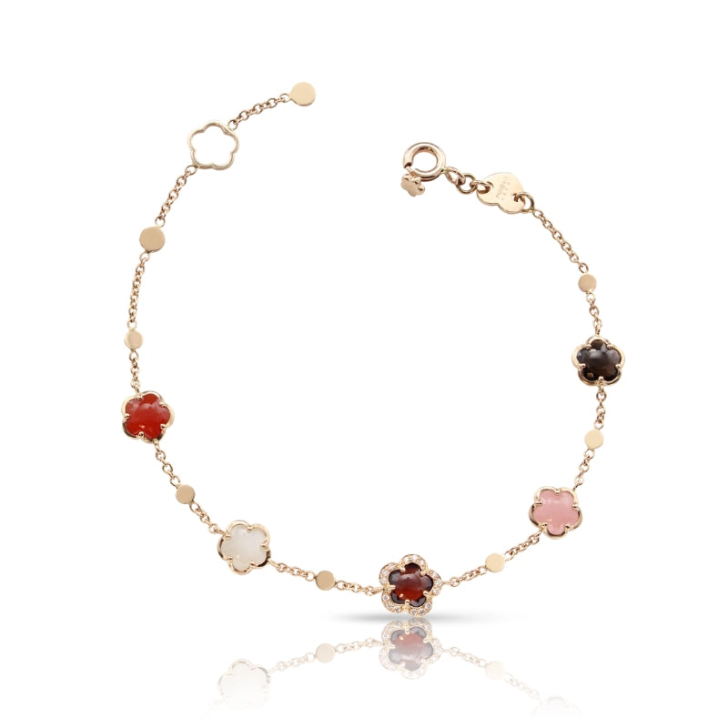 Figlia dei Fiori Bracelet in 18K Rose Gold with White Moonstone, Pink Chalcedony, Carnelian, Red Garnet, Smoky Quartz and Diamonds.