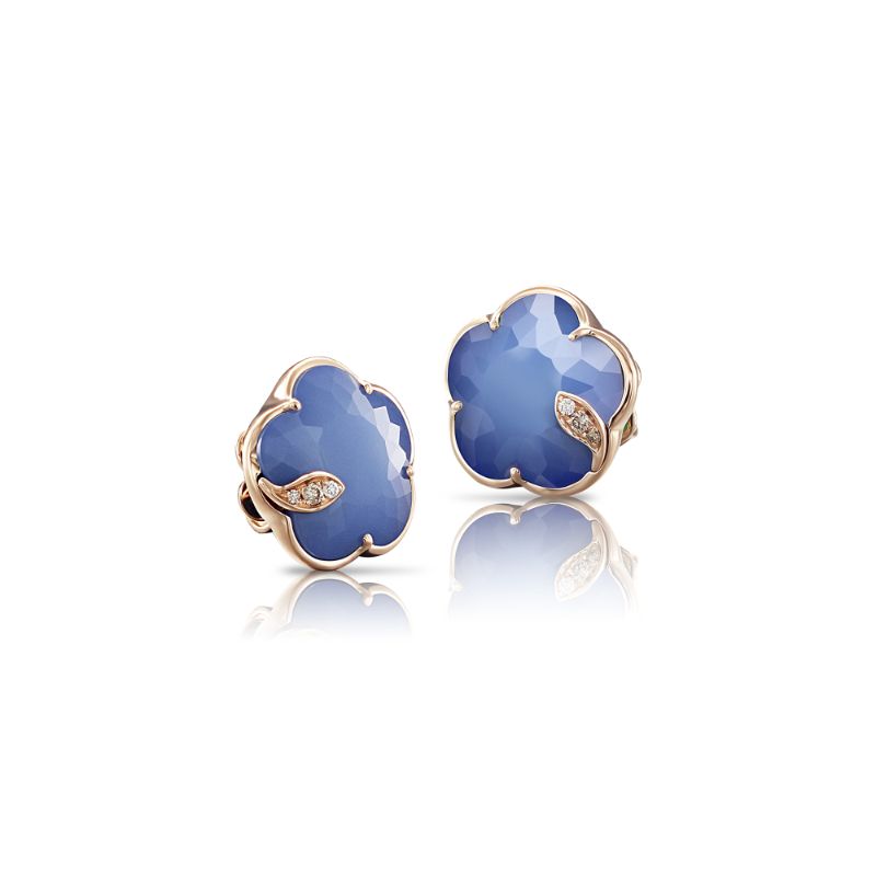 Petit Joli Stud Earrings in 18K Rose Gold with Blue Moon (White Agate and Lapis Lazuli doublet), White and Champagne Diamonds.