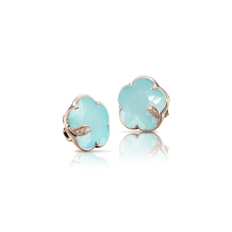 Petit Joli Earrings in 18K Rose Gold with Sea Moon Gem made of Turquoise and White Moonstone Doublet, White and Champagne Diamonds.