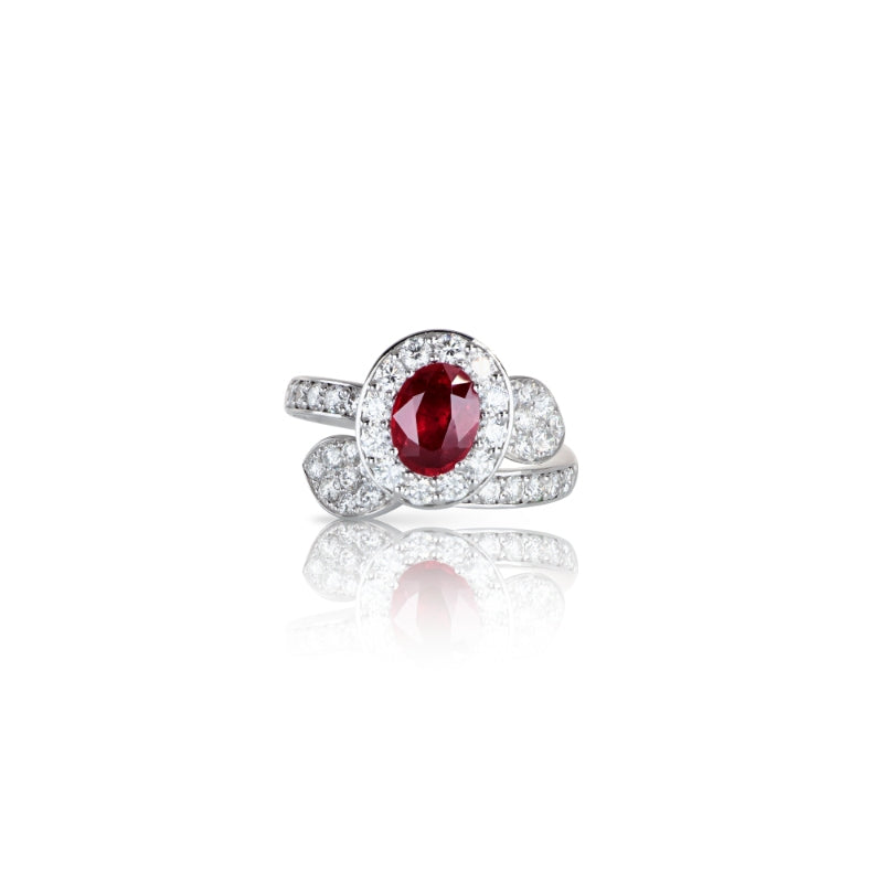 Heart to Earth Ring in 18K White Gold with Oval Ruby 6x8mm and White Diamonds.