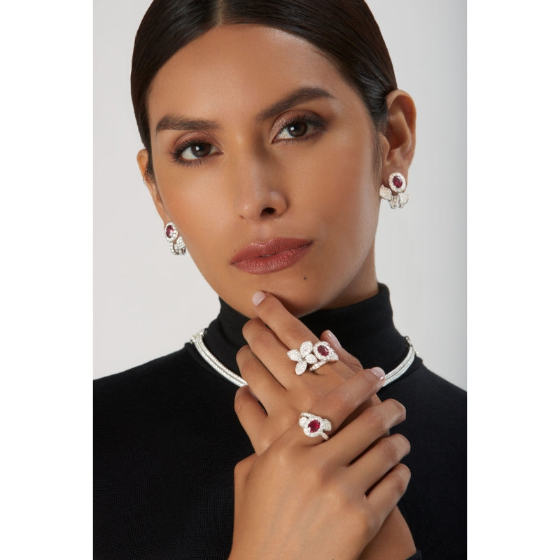 Heart to Earth Ring in 18K White Gold with Oval Ruby 6x8mm and White Diamonds.