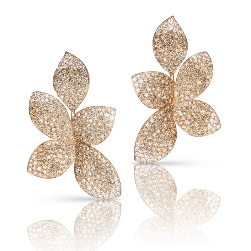Giardini Segreti Five Leaves Earrings in 18K Rose Gold with White and Champagne Diamonds.