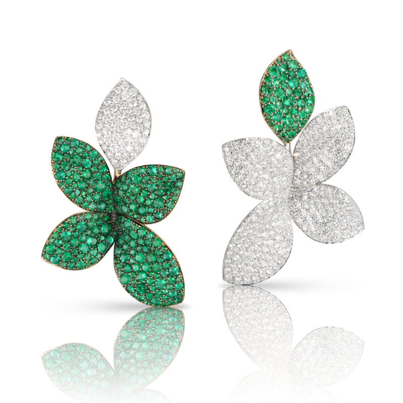 Giardini Segreti Green Soul Earrings in 18K White and Yellow Gold with White Diamonds and Emeralds.