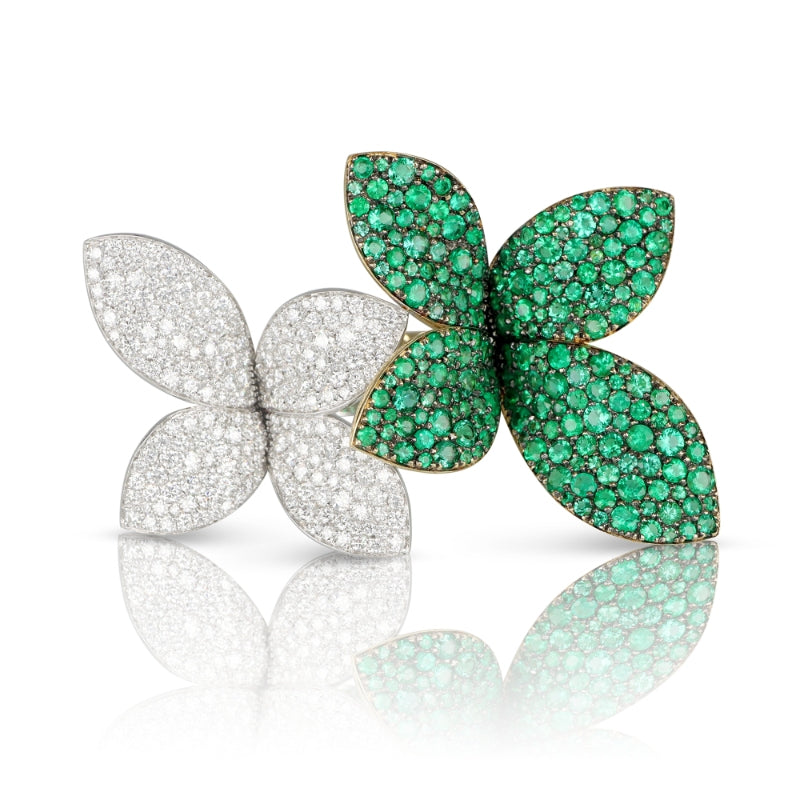 Giardini Segreti Green Soul Double Ring in 18K White and Yellow Gold with White Diamonds and Emeralds.