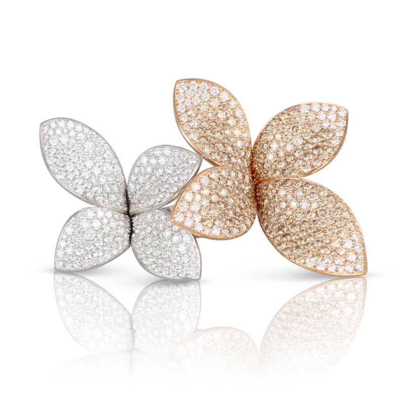 Giardini Segreti Double Flower Ring in 18K Rose and White Gold with White and Champagne Diamonds.