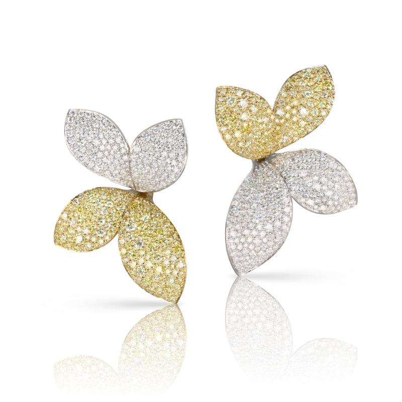 Giardini Segreti Aura Medium Flower Earrings in 18K White and Yellow Gold with White and Fancy Yellow Diamonds.