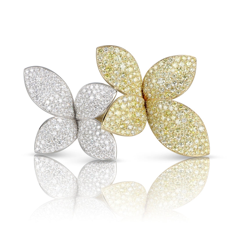 Giardini Segreti Aura Double Flower Ring in 18K White and Yellow Gold with White and Fancy Yellow Diamonds.