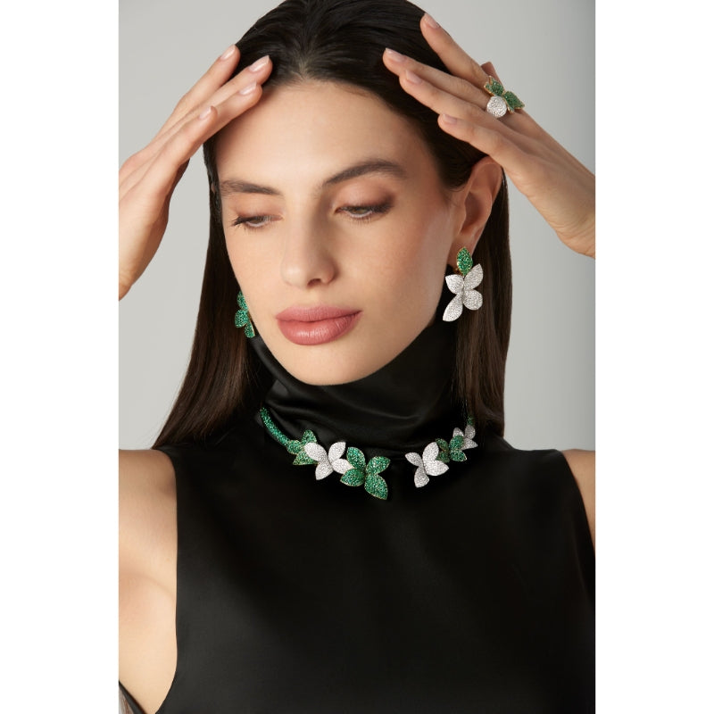 Giardini Segreti Green Soul Multi Flower Collier in 18K White and Yellow Gold with Diamonds and Emeralds.