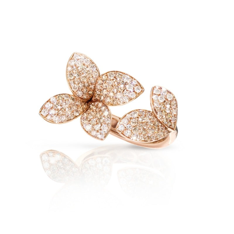 Giardini Segreti Six Leaves Small Flower Ring in 18K Rose Gold with White and Champagne Diamonds.