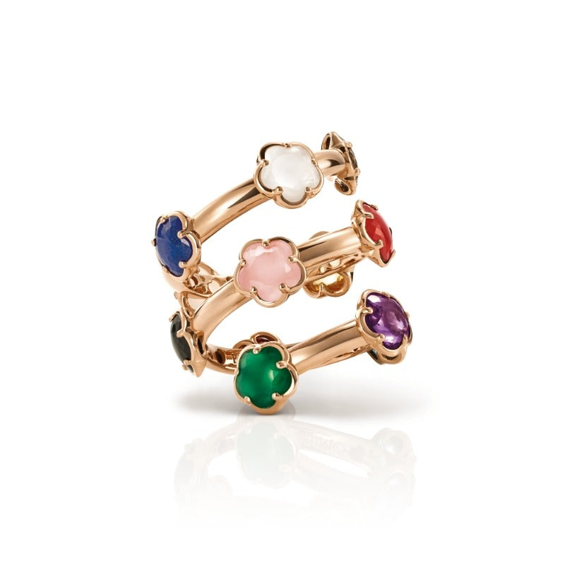 Figlia dei Fiori Ring in 18K Rose Gold with Green Agate, Red Carnelian, Onyx, White Moonstone, Pink Chalcedony, Citrine, Amethyst, London Blue Topaz, Smoky Quartz, White Agate, Lapis Lazuli, Red Garnet and Diamond.