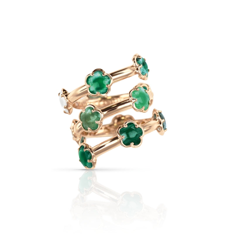 Figlia dei Fiori Ring in 18K Rose Gold with Green Agate, White Moonstone, Malachite, Chrysoprase, Prasiolite, Green
Aventurine and Diamond.
