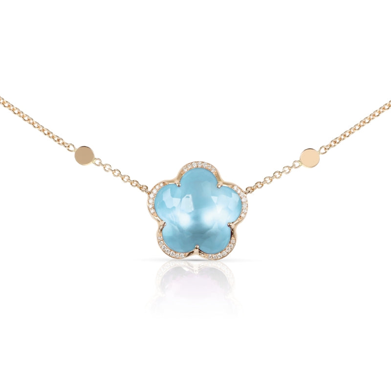 Bon Ton Necklace in 18K Rose Gold with Venus Blue Topaz and Diamonds.