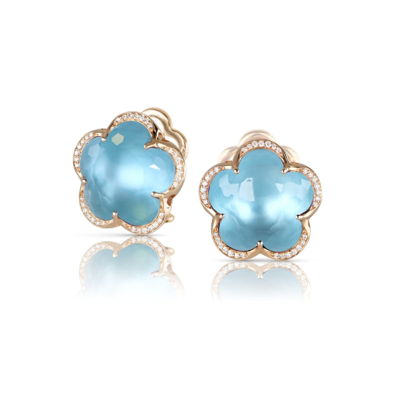 Bon Ton Earrings in 18K Rose Gold with Venus Blue Topaz and Diamonds.