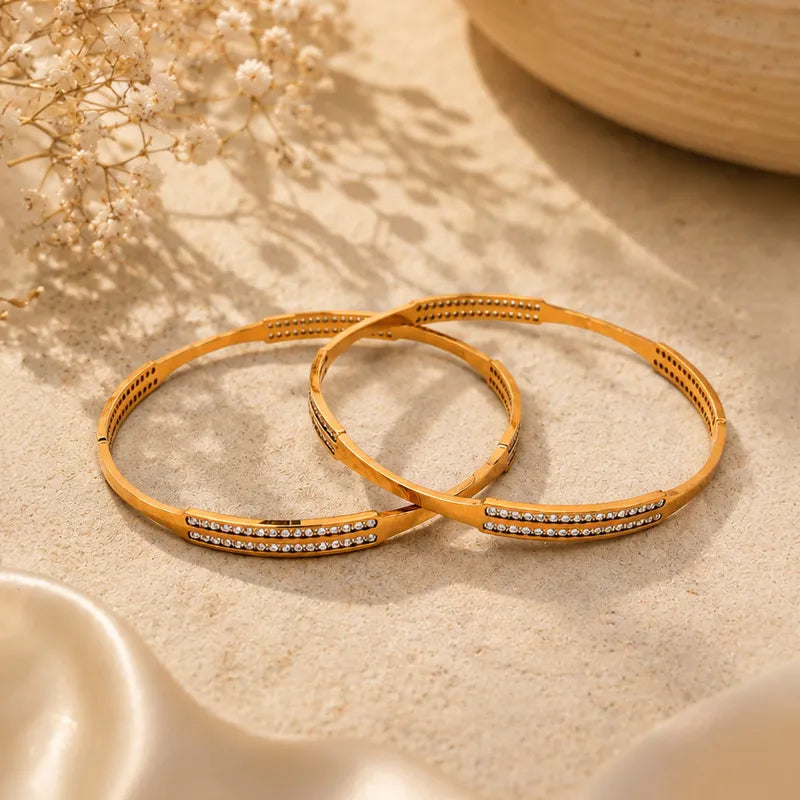 18K Rose Gold bangles with CZ - Set of 2, Size 2.6