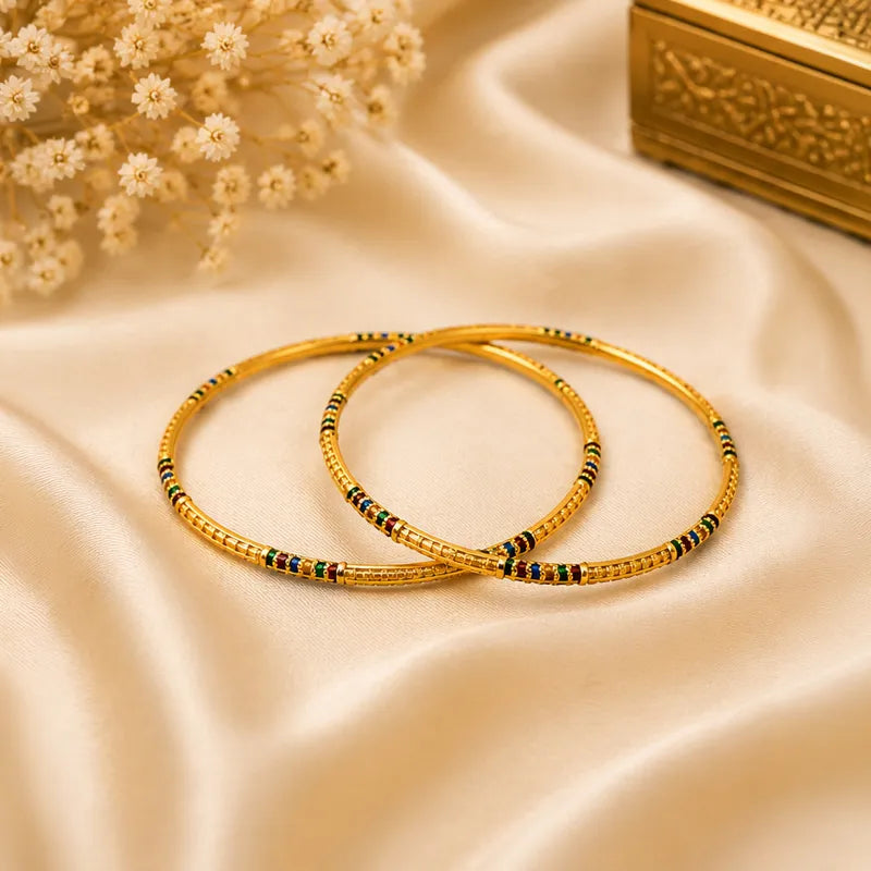 Elegant Gold Bangles with Colorful Accents - Set of 2, Size 2.7