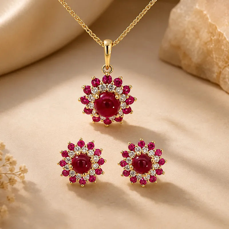Elegant Floral Ruby Pendant Set