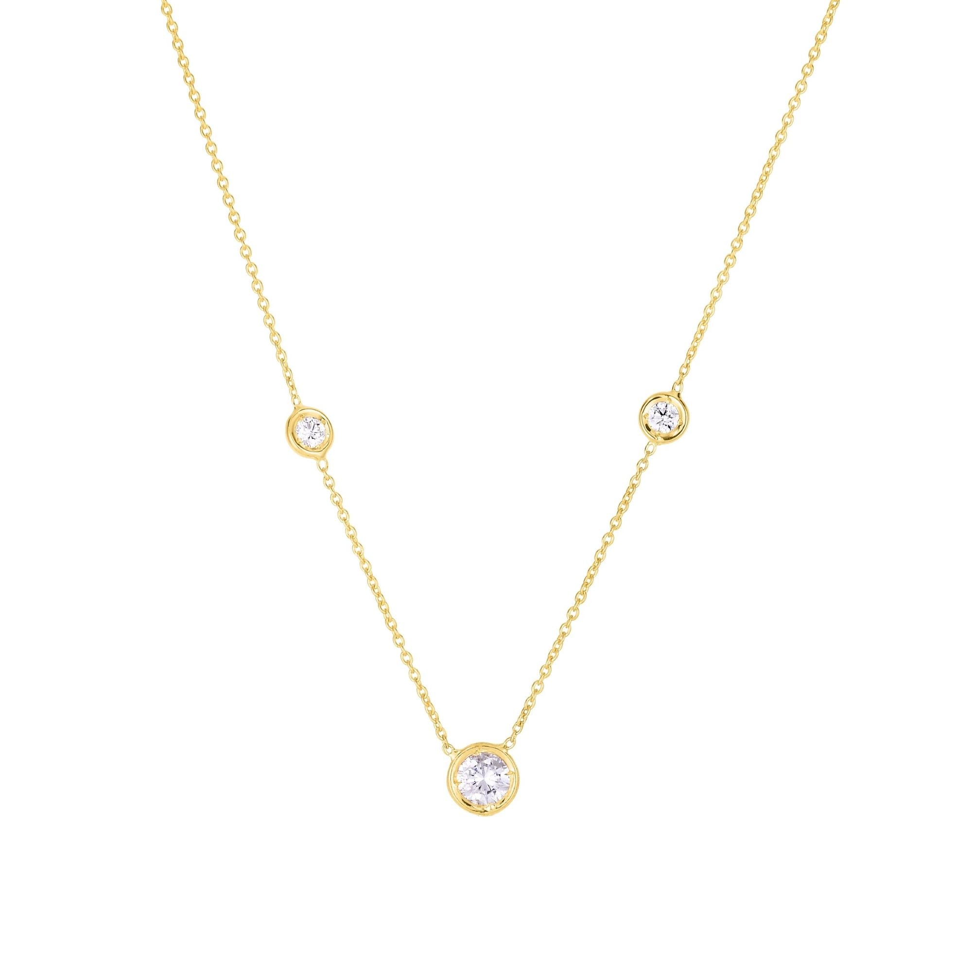 18K YELLOW GOLD DIAMONDS BY THE INCH MIXED SIZE THREE STATION NECKLACE