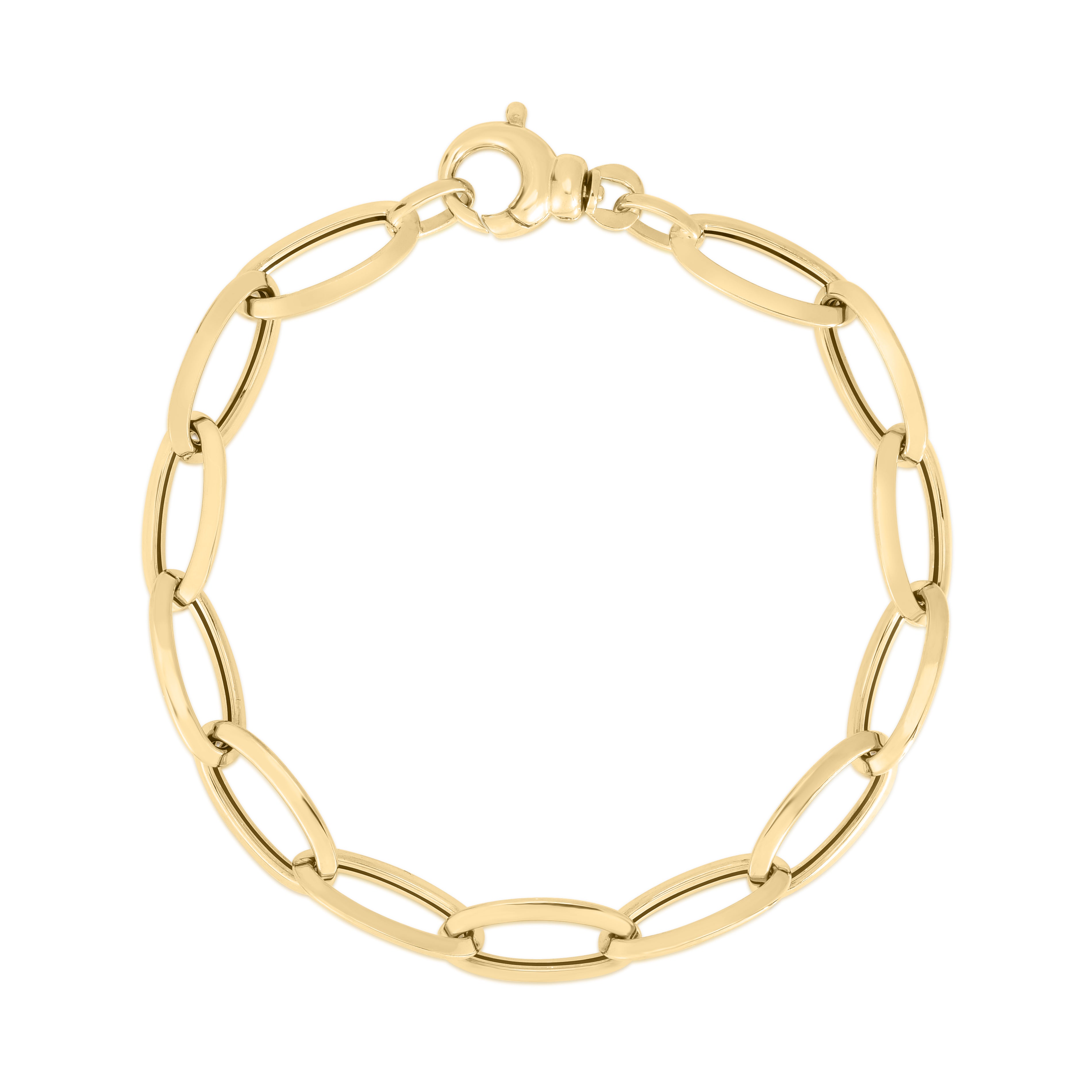 18K YELLOW DESIGNER GOLD KNIFE EDGE OVAL LINK LONG BRACELET