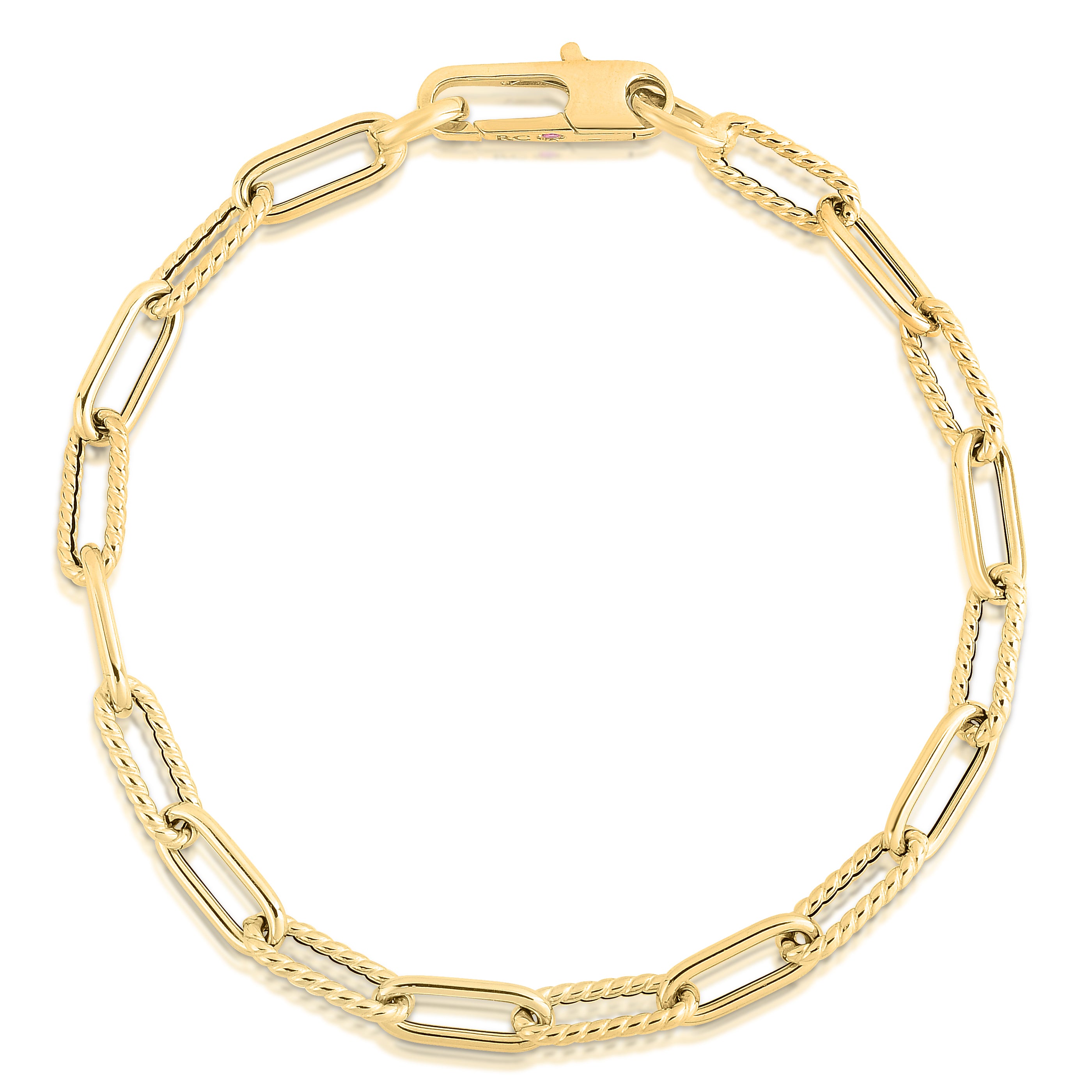 18K YELLOW DESIGNER GOLD ALTERNATING POLISHED & FLUTED PAPERCLIP LINK BRACELET