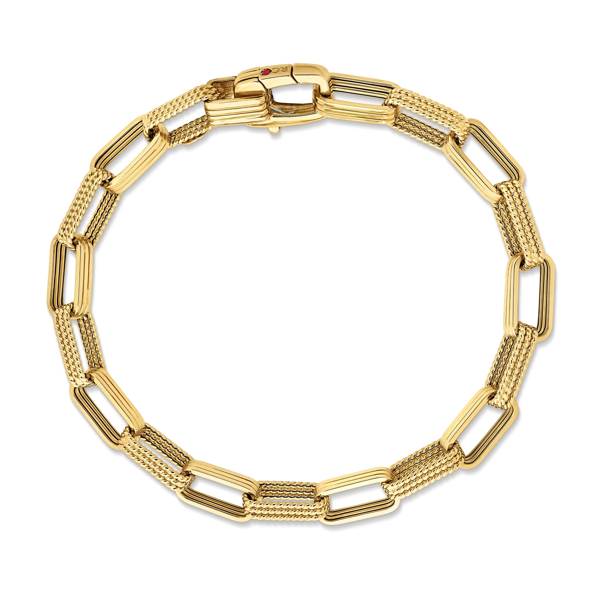 18K YELLOW DESIGNER GOLD CHAIN ALTERNATING RECTANGULAR LINK CHAIN BRACELET