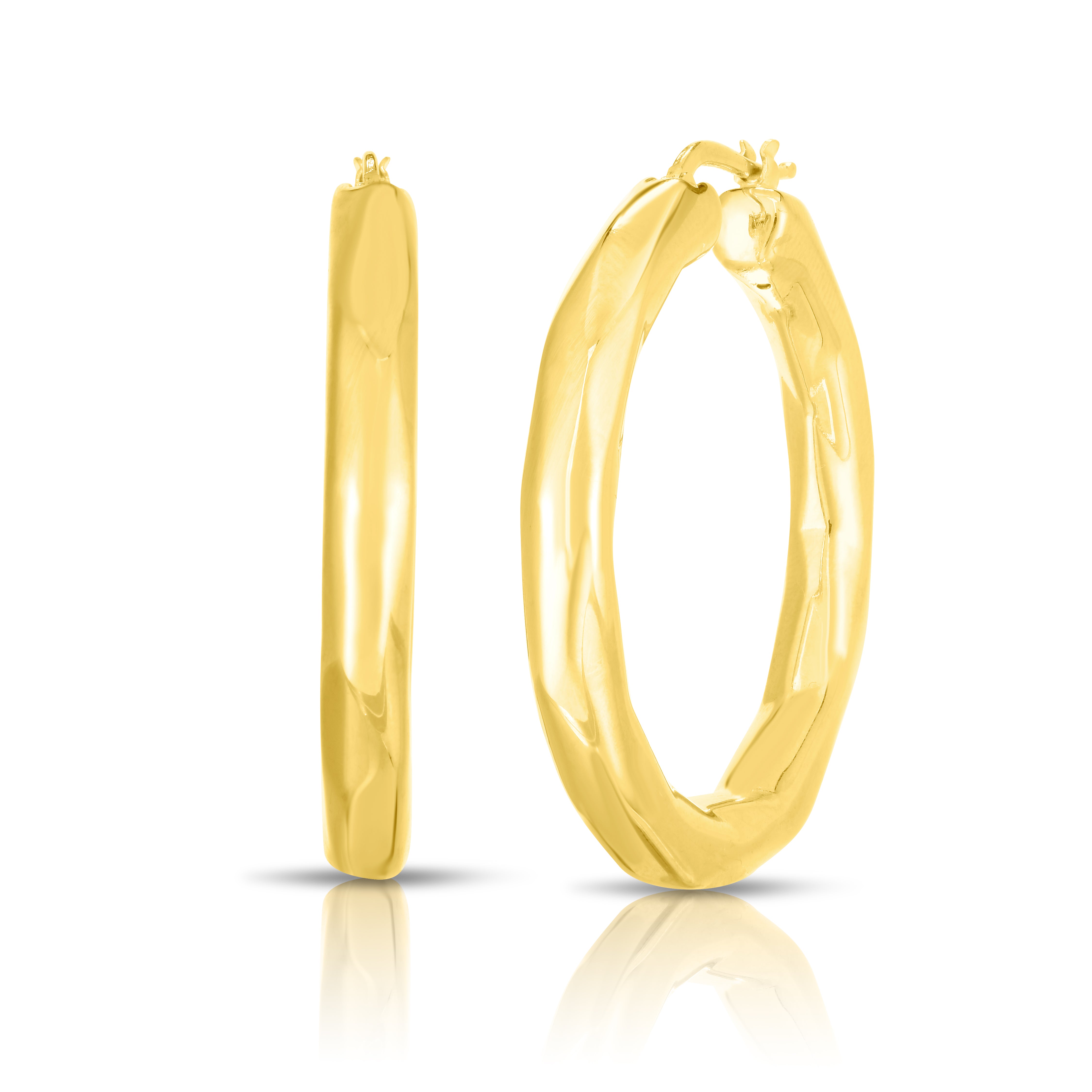 18K YELLOW DESIGNER GOLD MEDIUM FACETED THICK HOOP EARRINGS