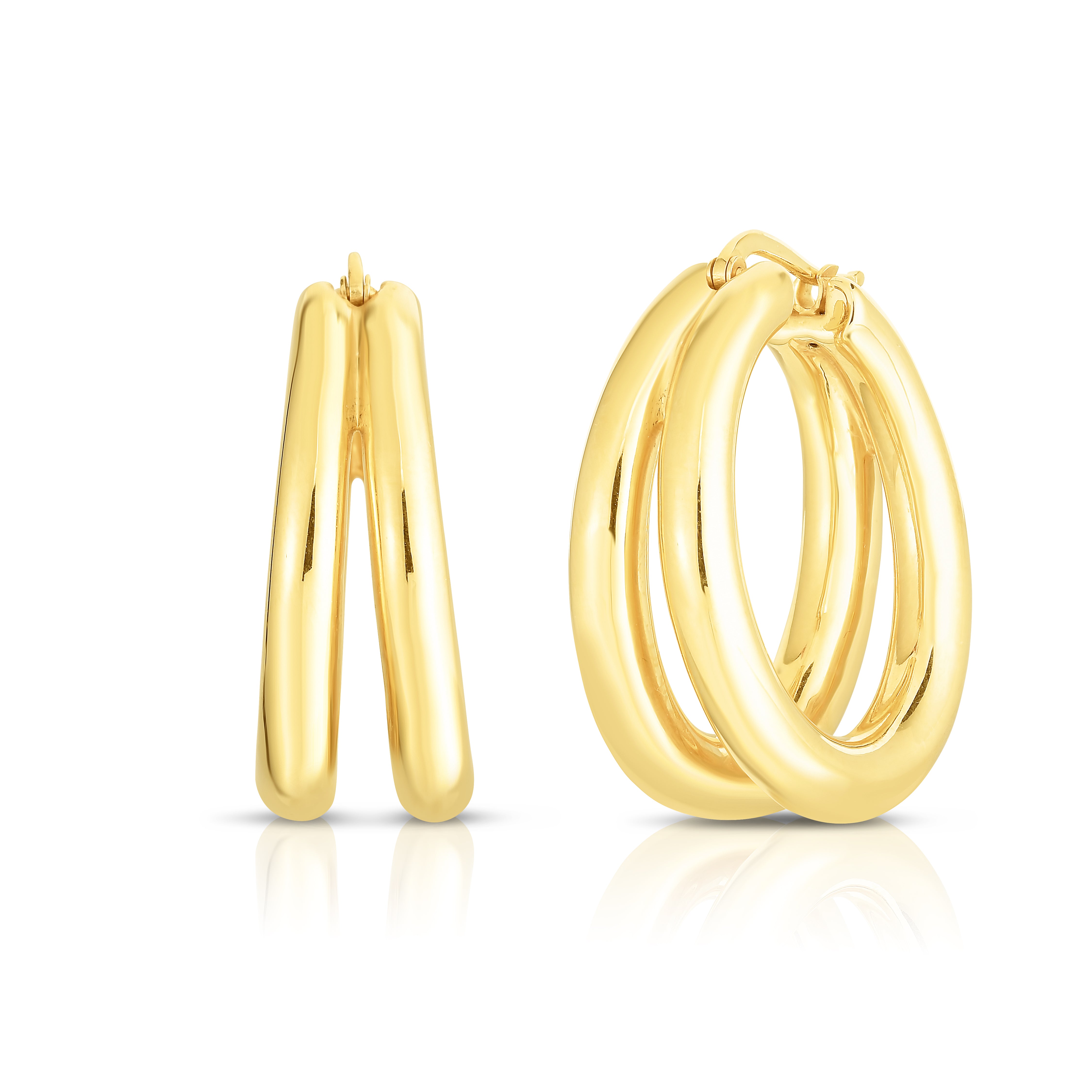 18K YELLOW DESIGNER GOLD GRADUATED THICK DOUBLE HOOP EARRINGS