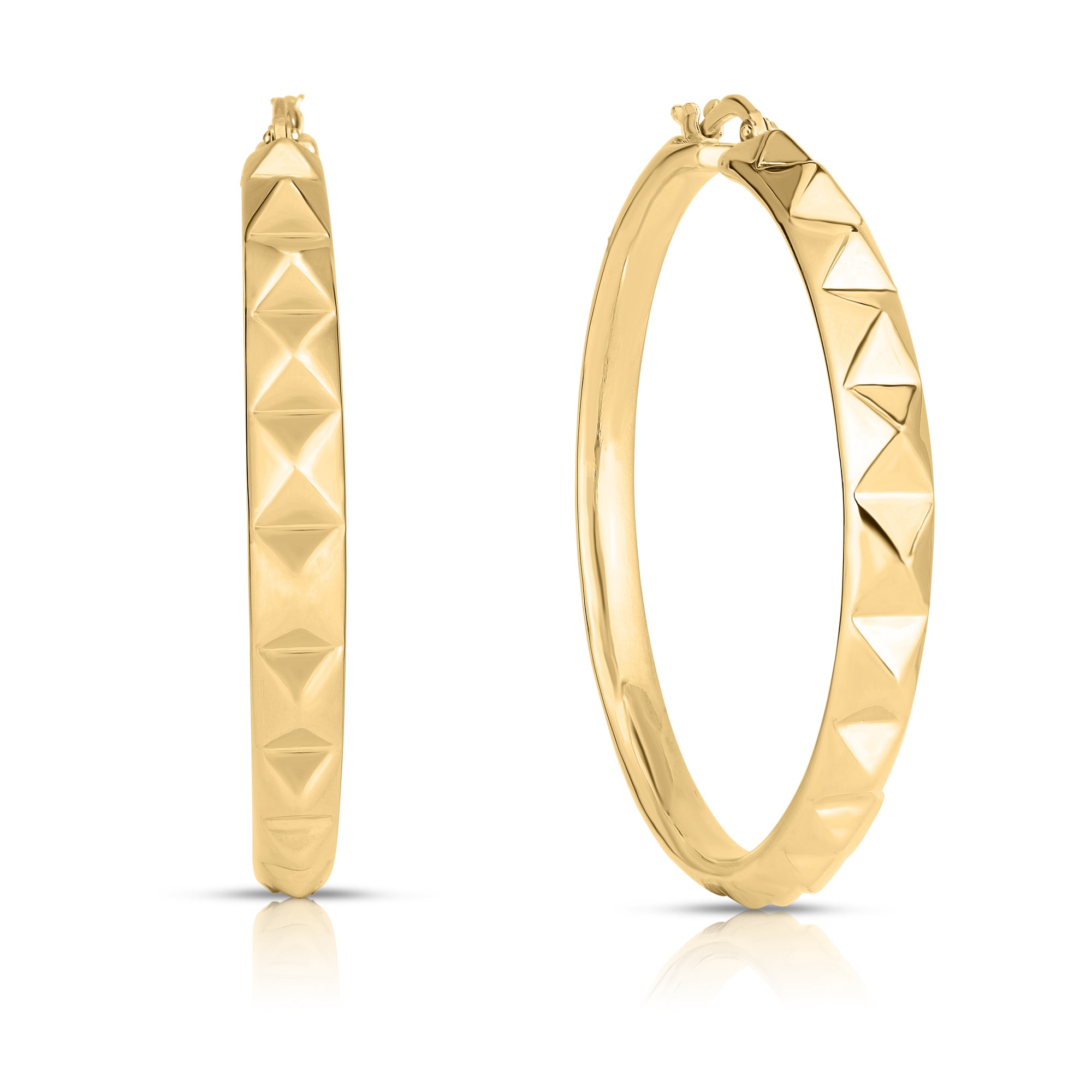 18K YELLOW DESIGNER GOLD PYRAMID HOOP EARRINGS