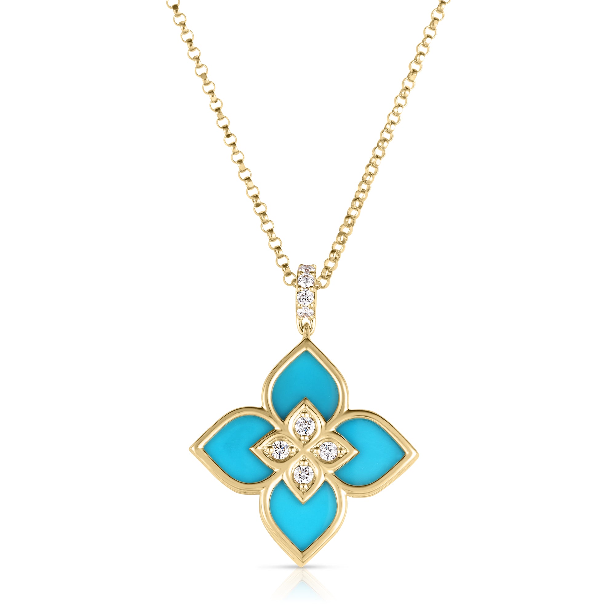 18K YELLOW GOLD VENETIAN PRINCESS DIAMOND & TURQUOISE SMALL FLOWER NECKLACE