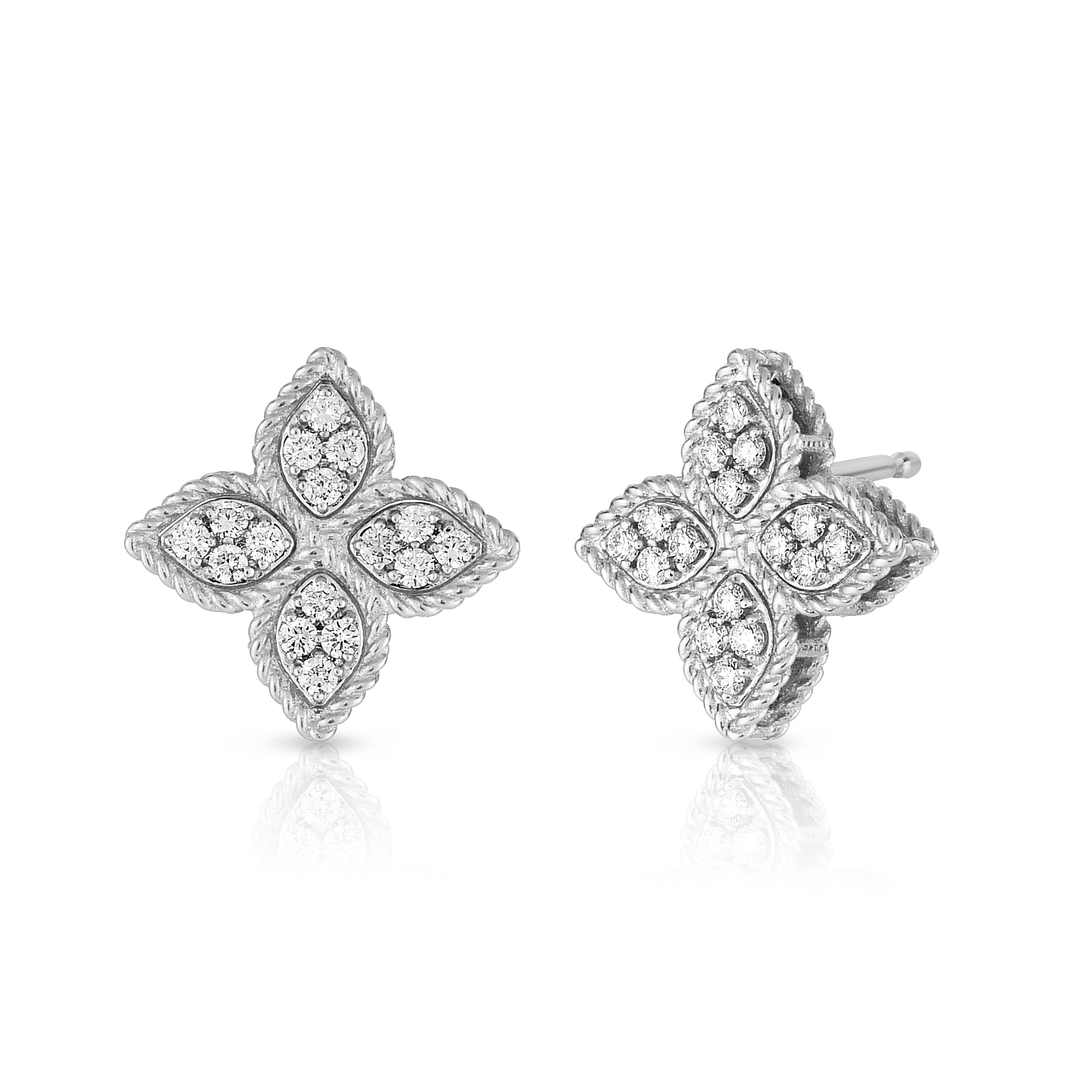 18K WHITE GOLD PRINCESS FLOWER MEDIUM DIAMOND STUD EARRINGS