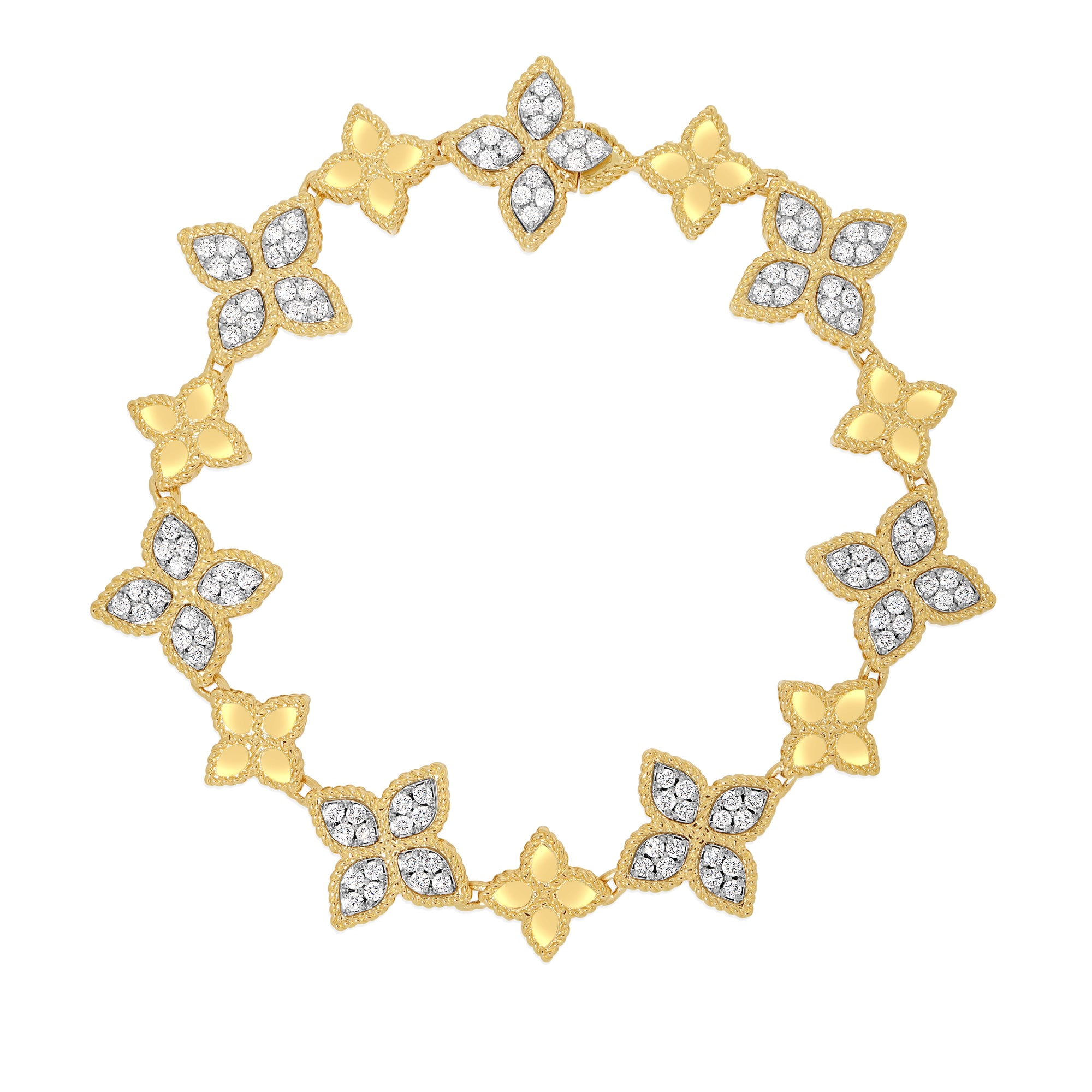 18K YELLOW/WHITE GOLD PRINCESS FLOWER ALTERNATING DIAMOND BRACELET